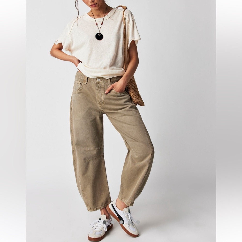 We The Free Good Luck Mid-Rise Barrel Jeans in Taupe